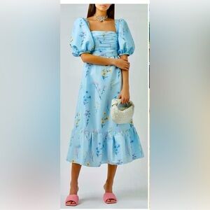 Orange Light Luxury Watercolor Puff Sleeve Taffeta Blue Floral Midi Maxi Dress 3